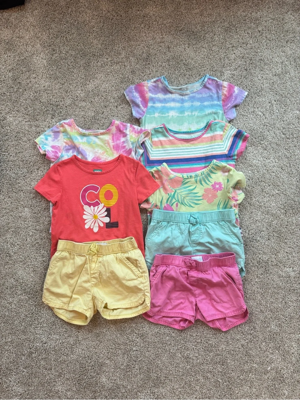 Girls Size 6 Summer Outfit Lot 8 Pieces Graphic Tees & Shorts Tie Dye Stripes